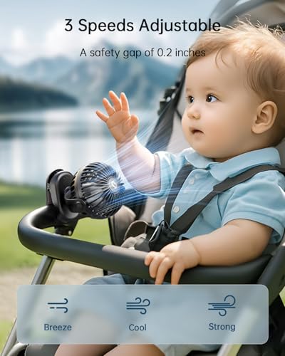 SWEETFULL Stroller Fan with Clip - Portable Mini Clip on Fan, 3 Speeds, 11Hrs Cooling, Cute Small Personal Desk Cooler for Baby Essentials, Bike Accessories, Car Seat, Umbrella, Carrier - Black