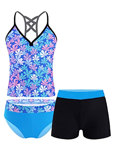 Image of ranrann Girls 3 PCS Floral Printed Tops with with Bottoms Shorts Set Swimwear Swimsuit Bathing Suit