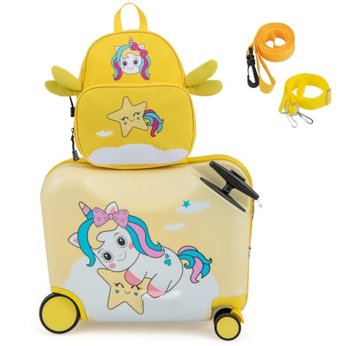 GOPLUS Kinderkoffer mit Rucksack, Kids Trolley, Kindergepäck mit Rollen, Reisekoffer mit Teleskopgriff, Hartschalenkoffer für Kinder, Kindertrolley Farbwahl (Gelb-Einhorn, 12'+18')