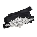 Mandala Crafts Black Wedding Belt for Bride Dress - Plain Bridal Belts for Wedding Dress - Silver Tone Rhinestone Sash for Formal Dresses