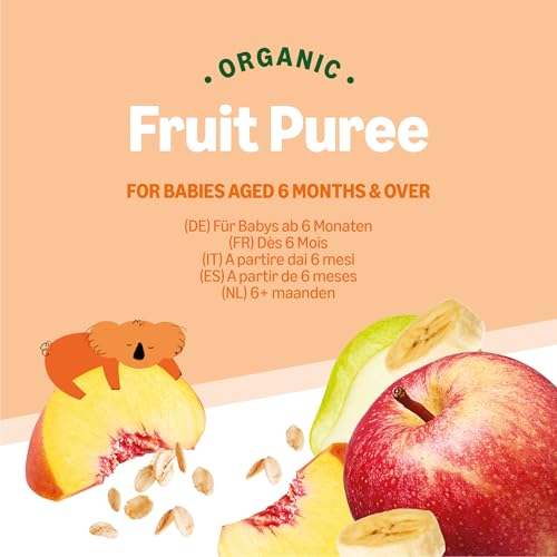 Amazon-Marke: Mama Bear Quetschie Bio Apfel, Pfirsich, Banane, Birne und Haferflockenl, Vegetarisch, 90g (6er-Pack)