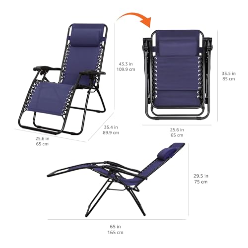Amazon Basics Zero Gravity Lounge Chair with Pillow, Foldable Outdoor Reclining Chair for Patio and Beach, Weather-Resistant Textilene, 300 lb Capacity, 26", Navy Blue view 3