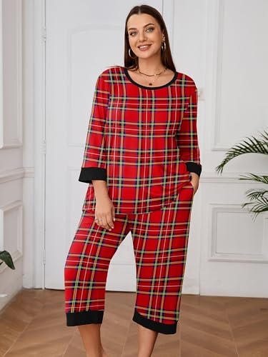 AusLook Women's Plus size Pajama Sets 3/4 Sleeve Top and Capri Pants Sleepwear Pj Set 2 Piece Lounge Set with Pockets3
