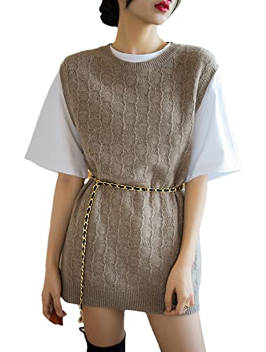 100% Cashmere Crewneck Long Sweater Vest Solid Color Knitted Slim Fit Sleeveless Pullover Sweater (Khaki9 XXL)