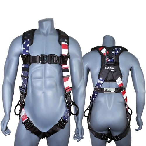 AFP Fall Protection Premium American Flag Safety Harness, Vented & Padded Shoulder, Legs and Back, 3 D-Rings, Tongue Buckle, Quick Release (OSHA/ANSI PPE)
