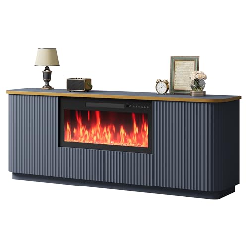 QUW 70 Fluted Fireplace TV Stand for TVs Up to 80, Modern Entertainment Center with 30 Crystal Electric Fireplace, Luxury Wooden TV Console with 2 Drawers & Cabinets for Living Room, Navy Blue