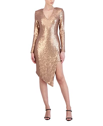 Bcbgmaxazria Women's Fitted Sequin Cocktail Dress Long Sleeve Ruched Waist Asymmetrical Peekaboo Skirt, Gold, 12 #TOP18