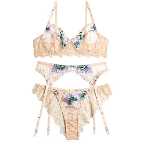 Ensemble lingerie sexy femme en dentelle florale brodée trois pièces transparent avec jarretière