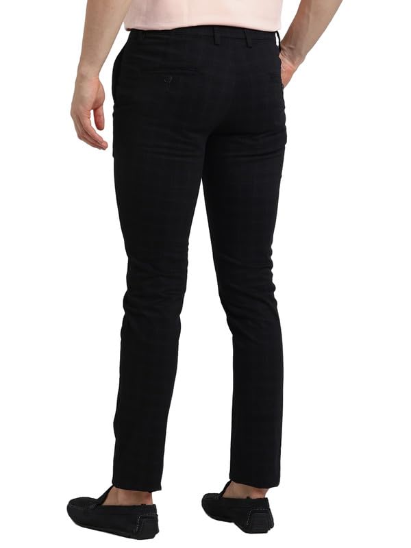 Image of Turtle Men Cotton Stretch Navy Check Narrow Fit Casual Trouser