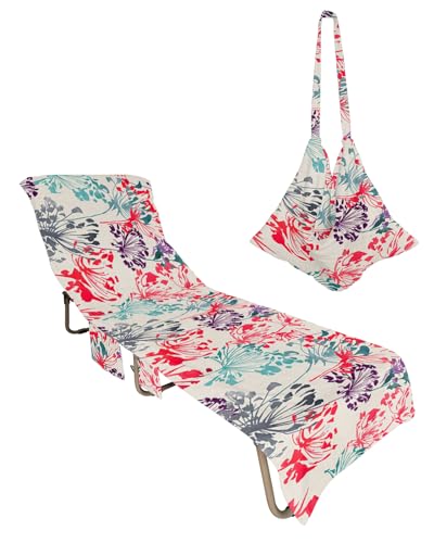 Teal Pink Purple Flowers Beach Lounge Chair Towel Cover, Soft Chaise Lounge Towel with Side Pockets Patio Pool Chairs Cover for Beach/Pool Sunbathing 29x85 Spring Floral Botanical Rustic