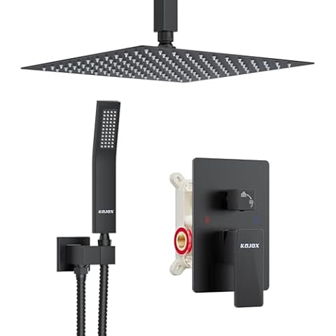 KOJOX Matte Black Ceiling Shower Fixture with 12 Inch Rainfall Shower head and Handheld Head, Bathroom Shower Faucet Set Trim Kit with Mixer Valve Cover