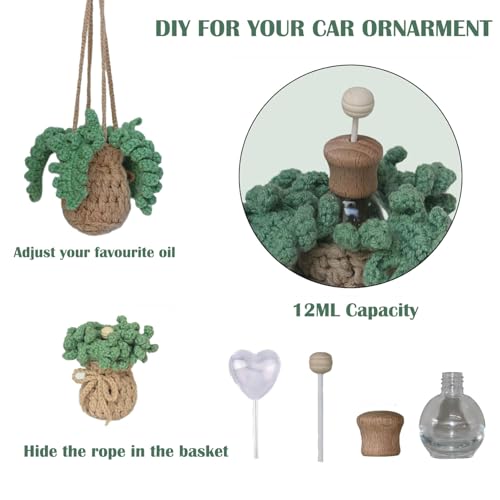 Image of Crochet Hanging Plant Car Air Freshener，10ml Empty Refillable Car Diffuser Bottle with Potted Plants Car Mirror Hanging Accessories Car Air Hanging Fragrance Oil Diffuser (Fern)