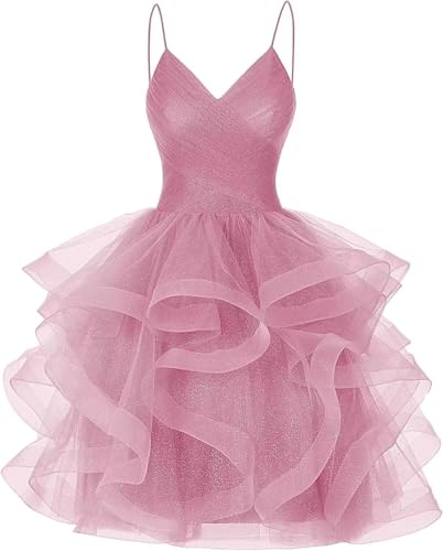 Glitter Tulle Short Prom Dress Tiered Ruffle Modest Homecoming Dresses for Teens Puffy Cocktail Dresses for Women