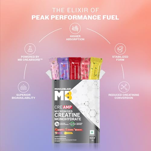 Image of MuscleBlaze Micronised Creatine Monohydrate CreAMP Powder Assorted Flavours (15 Sachets, 4g Each) - Citrus Blast, Watermelon Kool Aid, Juicy Berries, Candy Rush & Lychee Swirl | Travel Pack | Trustified Certified Creatine