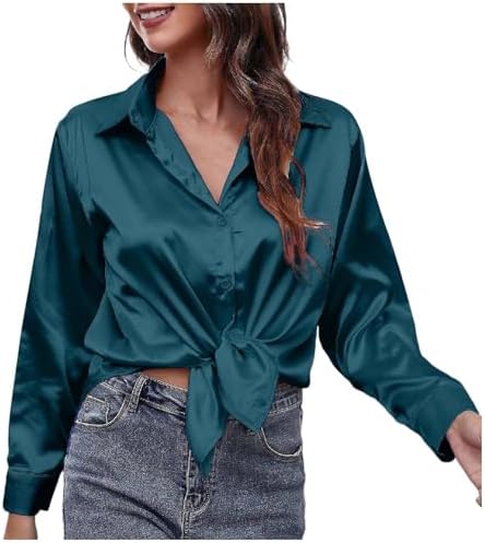 Satijnen hemd voor dames, lange mouwen, blouse, buttondown, werktop, zijdeachtige overhemden voor dames, kantoortops, blauw, S
