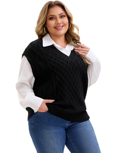 Agnes Orinda Plus Size Sweater Vest Women V Neck Ribbed Knit Sleeveless Solid Pullover Sweaters Vests Tops2