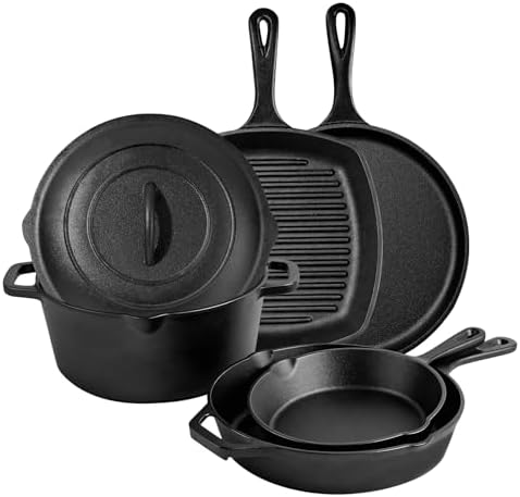 6 Piece Pre-Seasoned Cast Iron Cookware Set – Incl. 5QT Dutch Ove...
