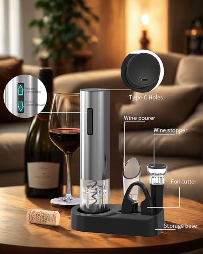 Image of CIRCLE JOY 5-in-1 Electric Wine Opener Set Rechargeable Stainless Steel Automatic Corkscrew Wine Bottle Opener Set with Foil Cutter, Wine Aerator Pourer, Vacuum Wine Stopper and Storage Base, Silver