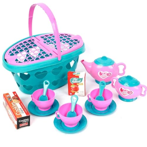 KIT Chazinho Cestinha Compras Piquenique C/Xicaras Pratinho Bule Comidinha Brinquedo Infantil Menina