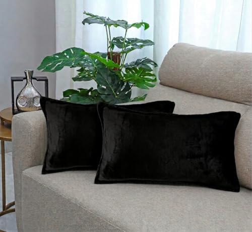 Image of RD TREND Velvet 250 GSM Rectangular 18x 28 Inches Cushion Covers Set of 2 | Throw Pillow Covers for Sofa, Bed & Living Room | Perfect for Home Decor Solid Black