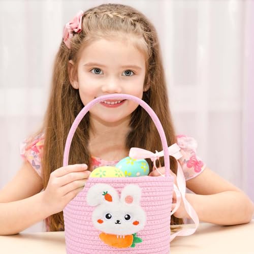 Image of DIYASY Easter Basket for Kids, Woven Bunny Eggs Basket with Handle Gifts Tote Bag Candies Buckets for Boys Girls Toddler Baby Party Decorations Pink