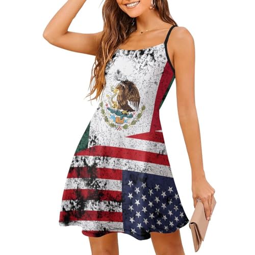 KAOEOSI Half Mexico American Flag Women's Sling Dress Summer Sleeveless Knee Length A Line Dresses 2XL