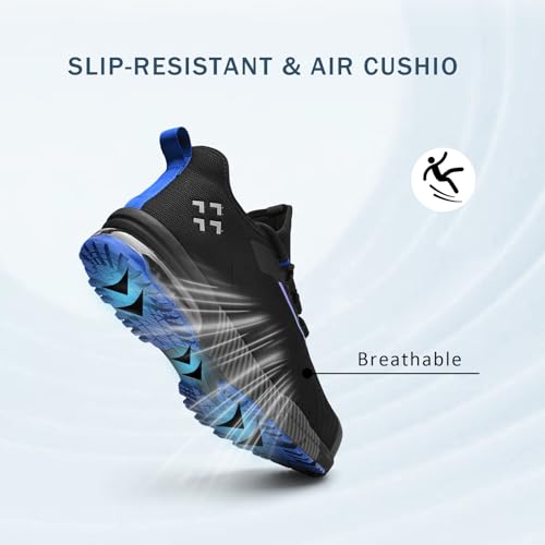 SPIEZ Unisex Slip-On Steel Toe Work Sneakers – Lightweight, Slip-Resistant & Breathable Safety Shoes with Air Cushion, Black/Blue (Women’s 5-13.5 / Men’s 3.5-12)3