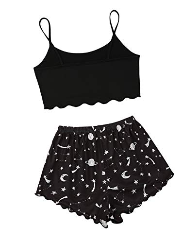 Soly Hux Women's Cartoon Print Lettuce Trim Cami Top And Shorts Cute Pajama Set Sleepwear Black Star Moon M #TOP1