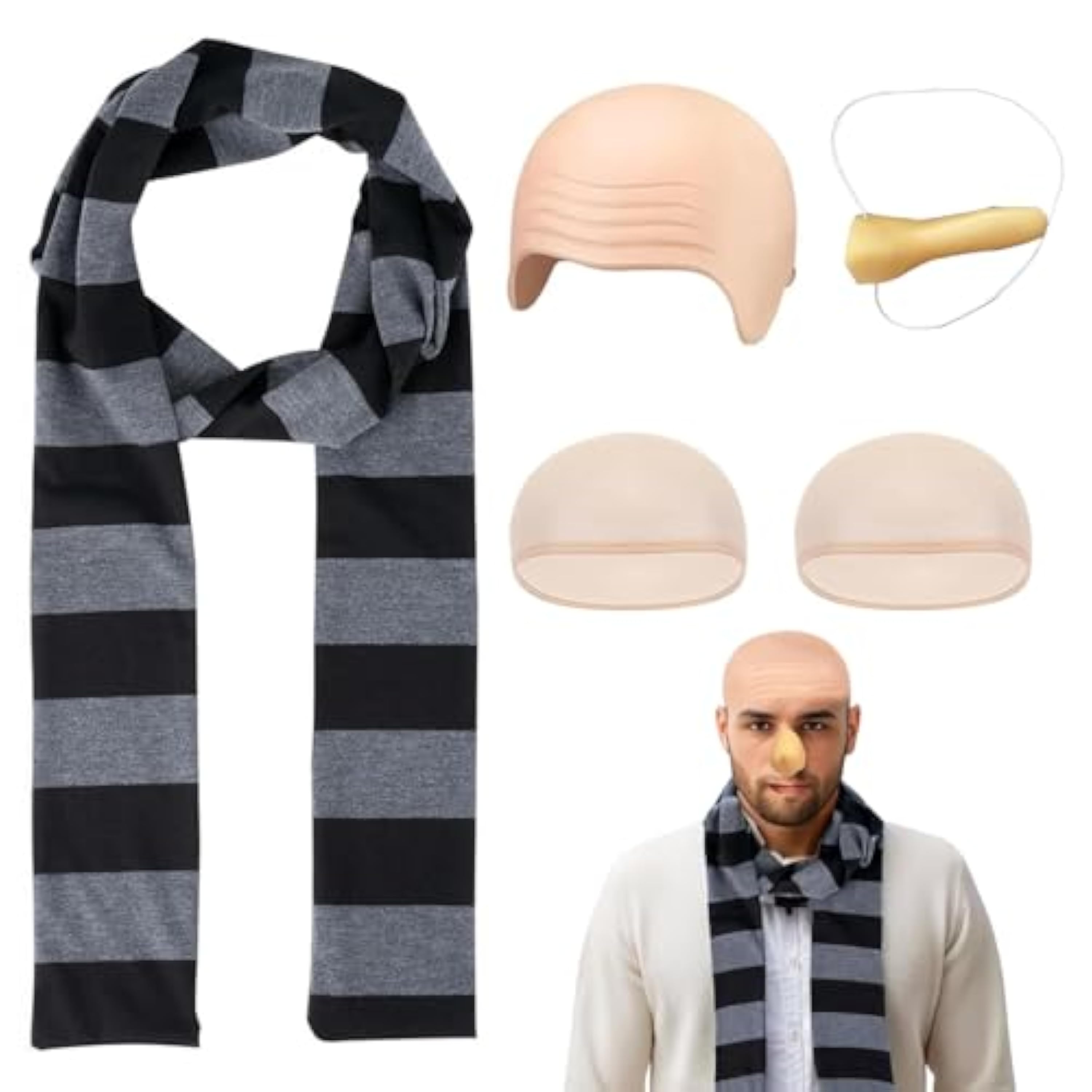 MeYuxg 4 accesorios de disfraz de carnaval, bufanda negra y gris, accesorios para disfraz de carnaval con nariz falsa y gorra calva, accesorios de disfraz de Navidad Halloween y carnaval para hombre