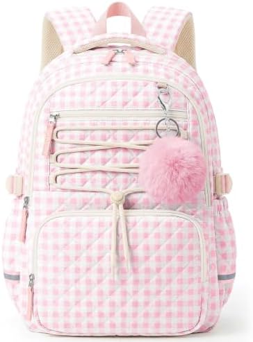 WOBAGMEN Backpack for Women,Cute Quilted Backpack with Multi-Pocket, Lightweight Anti Theft Bookbag Fits 15.6" Laptop (Red Gingham, M)