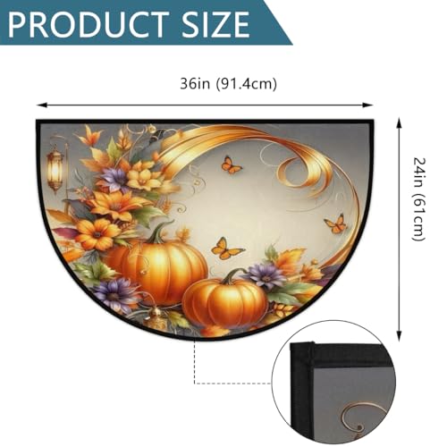 Image of Half Round Door Mat Autumn Butterfly Flower Pumpkin Non-Slip Semi Circle Area Rug Washable Half Moon Hearth Rugs for Indoor Outdoor Bathroom Kitchen Patio Runner Mat Laundry Room Home Decoration