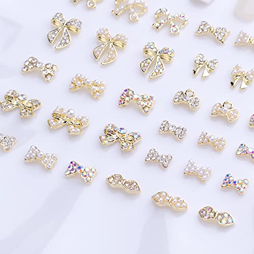 Jerclity 33 Pieces Gold Alloy Bow Charms For Nails Bow Nail Charms Gems Bowknot Nail Studs Inlaid Pearl Clear Iridescent Rhinestone For Women Girls Nail Art #TOP5