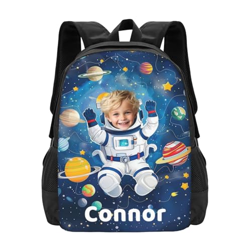 Custom Astronaut Backpack, Personalized Unisex Modern Blue, Black, White Backpack with Name Photo, Customized Large Capacity Casual Cute Backpack for Hiking, Camping, Picnic, Travel