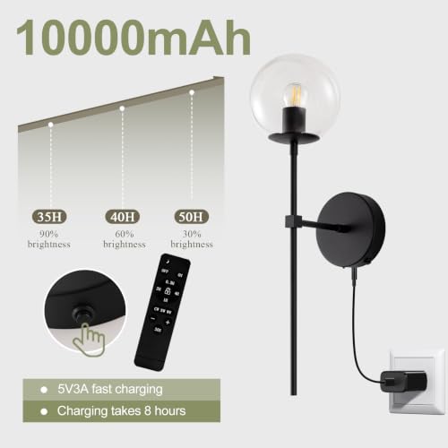 Image of Black Battery Operated wall Sconce Set of 2 Glass Globe 3000~6000K Rechargeable Wall Light Fixture Wireless Wall Lights with Clear Glass Shade for Living Room, Hallway, Bedroom(2 Pack)