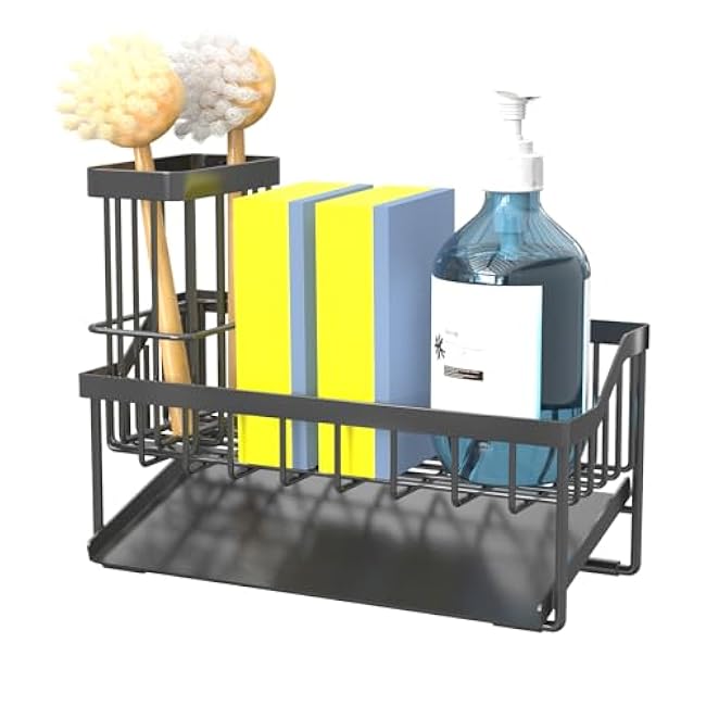 Vanwood Sink Caddy Sponge Holder for Kitchen Sink with Brush Holder, Kitchen Cocina Organizer and Storage Dish Soap Sponge Caddy with Auto Stainless Steel Draining Tray for Counter