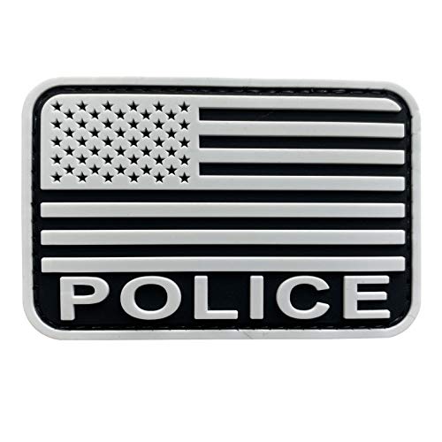 uuKen Police Flag Patch PVC Black and White 2x3 inch with Hook Fastener Back for Hat Tactical Cap Vest Bags Backpacks(White, S 3