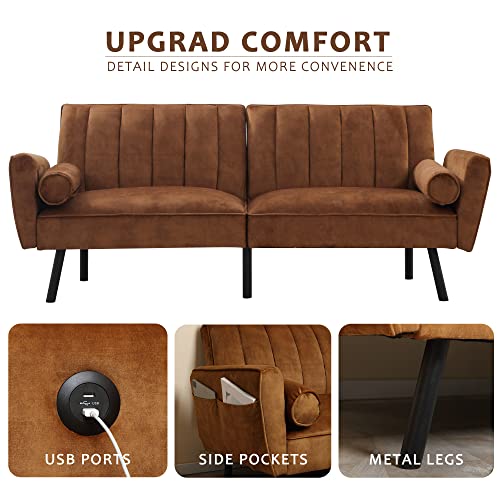 Duraspace Velvet Convertible Sleeper Sofa 74" Split Back Folding Futon Couch, Twin Size Double Sofa Sleeper With Usb, Loveseat Sleeper Sofa For Small Space (Caramel Brown) #TOP2