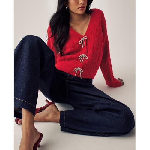 Image of Women Y2K Solid Color Knit Cardigan Long Sleeve V Neck Bow Button Open Front Sweater Top Vintage Going Out Knitwear