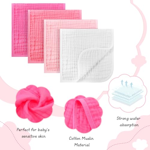 Preboun 8 Count Muslin Burp Cloths 100% Cotton 10 x 20 Inch 4 Layers Anti-shrink Newborn Hand Washcloths for Baby Absorbent and Soft Burp Rags for Boys Girls Infant Essentials Gifts(Light Pink Series)3