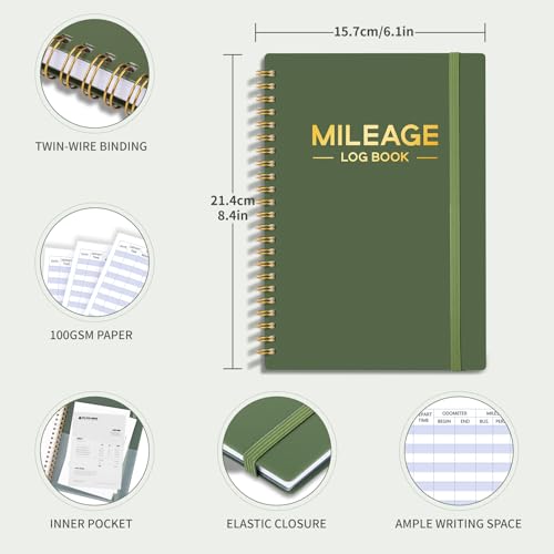 Auto Mileage Log Book for Car, Vehicle Maintenance Log Book for Business or Personal, Mileage Log Book for Taxes for Self Employed, Vehicle Mileage Log Book-6.1×8.4”-Dark Green