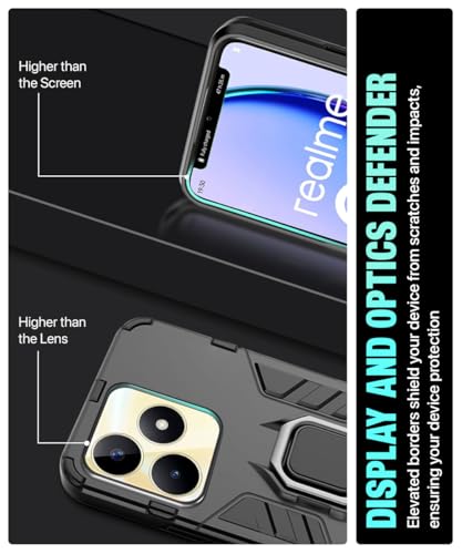 Image of WOW IMAGINE Shock Proof Back Case Mobile Cover for Realme Narzo N53 | Realme C53 | Realme C51 | Back Cover Case (Tough Armor | Hybrid PC + TPU | Ring Holder & in-Built Kickstand | Black)