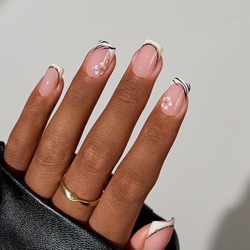BTArtboxnails XCOATTIPS French Tip Nails - Short Press On Nails, 160 Pcs Pink Square Soft Gel Nail Tips Pre-applied Tip Primer & Base Coat, No Need File False Nails for Gift, 16 Sizes