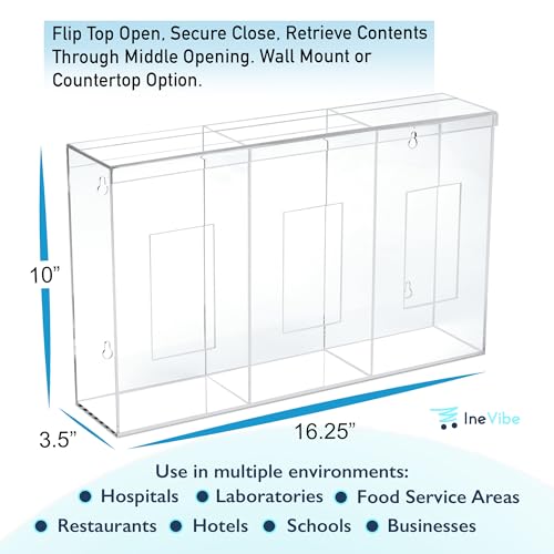 Image of IneVibe Triple Hygiene Holder - 3 Compartment Acrylic Dispenser with Lid for Hairnets, Glove Boxes, Face Masks, Plastic Bags, Tissue Boxes in Home or Medical Setting - Counter or Wall Mount (Triple)