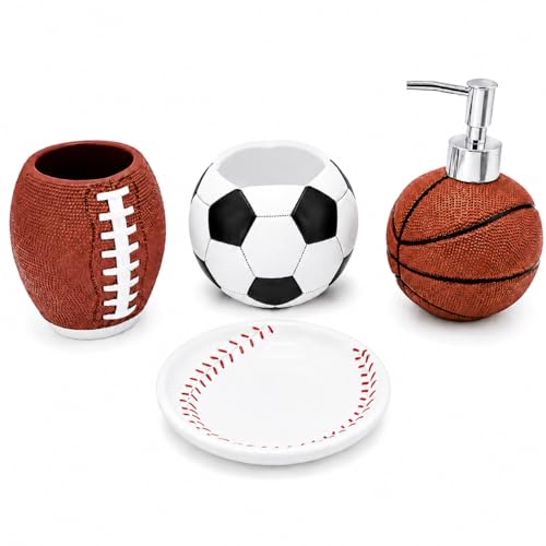 YangShiMoeed 4-Piece Sports Bathroom Accessories Set Complete with Basketball Lotion/Soap Dispenser,Soccer Bath Cup/Tumbler,Base Ball Soap Dish,Football Toothbrush Holder