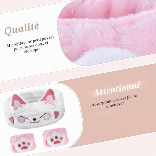 AOZUO Bande de Cheveux Cosmétique pour Maquillage et Lavage, Chat mignon Bande de Lavage de Poignet Élastique pour Le Visage pour Filles Femmes Yoga, Sports, Soins de la Peau Cosmétiques Douche(C) – vue 6