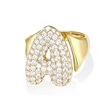 KissYan Bubble Initial Ring for Women, 14k Gold Plate Balloon Jumbo Letter Rings Open Adjustable Dainty Pave CZ Personalized Fashion Trendy Statement Jewelry Gift (Gold A)