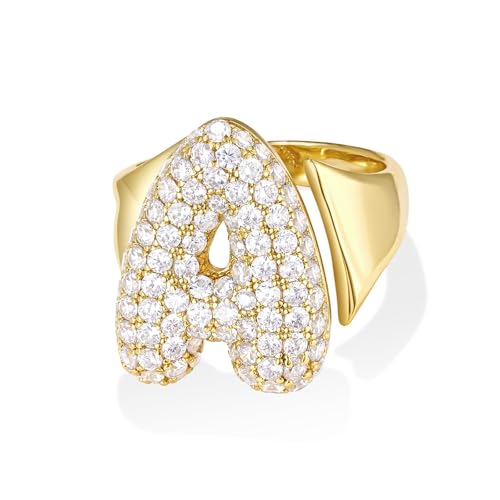 KissYan Bubble Initial Ring for Women, 14k Gold Plate Balloon Jumbo Letter Rings Open Adjustable Dainty Pave CZ Personalized Fashion Trendy Statement Jewelry Gift