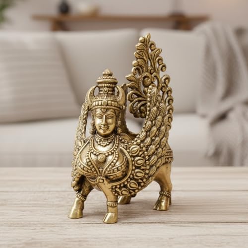 Image of eCraftIndia Golden Brass Kamdhenu Cow Idol for Home Decor Living Room Animal Figurine Cow Statue Gift for Diwali Housewarming Birthday