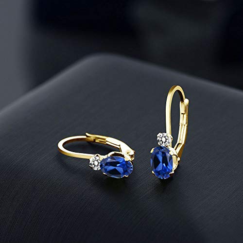 Gem Stone King 14K Yellow Gold Blue Created Sapphire and White Diamond Leverback Earrings For Women | 1.07 Cttw | Gemstone September Birthstone | Oval 6X4MM, Round 2MM | 3/4 Inch3