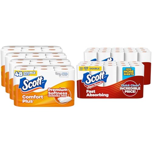 Bundle of Scott ComfortPlus Toilet Paper, 48 Double Rolls, 231 Sheets per Roll, 1-Ply Toilet Tissue + Scott Paper Towels, Choose-A-Sheet, 30 Double Rolls = 60 Regular Rolls (108 Sheets Per Roll)